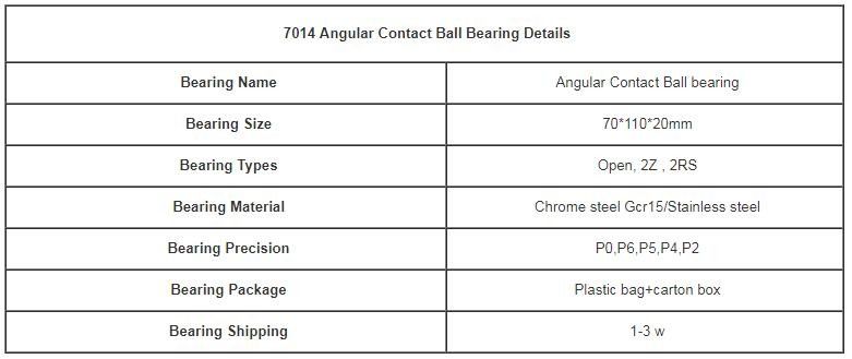 Singola dimensione 70*110*20mm P4/P6/P2 del cuscinetto a sfera 7014 del contatto di angolo di fila