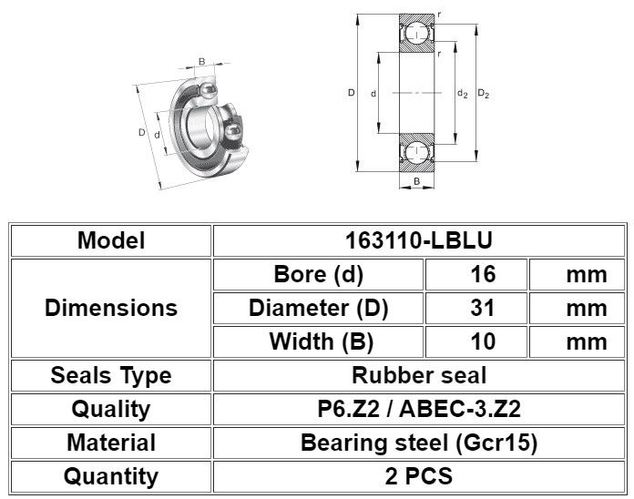 163110-2RS che sopporta dimensioni profonda 16mm x 31mm x 10mm della bicicletta della palla della scanalatura